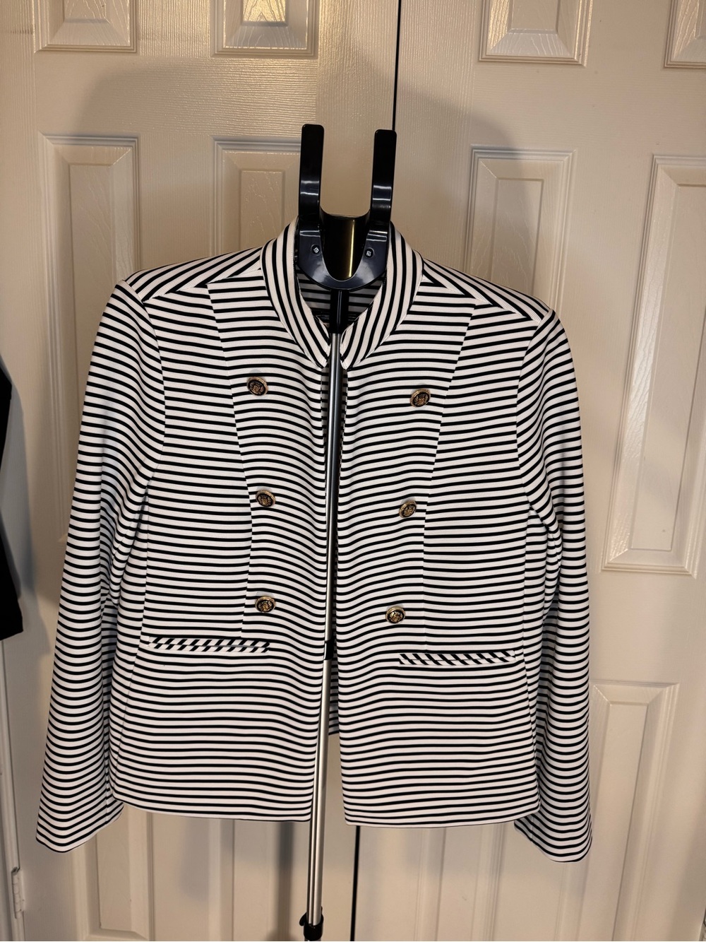 Jones New York Black & White Striped Double-Breasted Pea Coat
